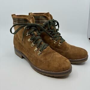 Tommy Hilfiger cognac brown suede plaid wing tip combat ankle boots size 10